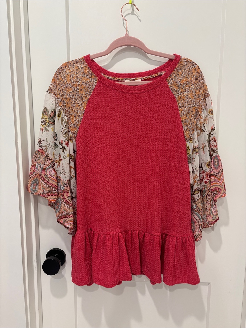 Umgee waffle knit One Day at a Time ruffle top
